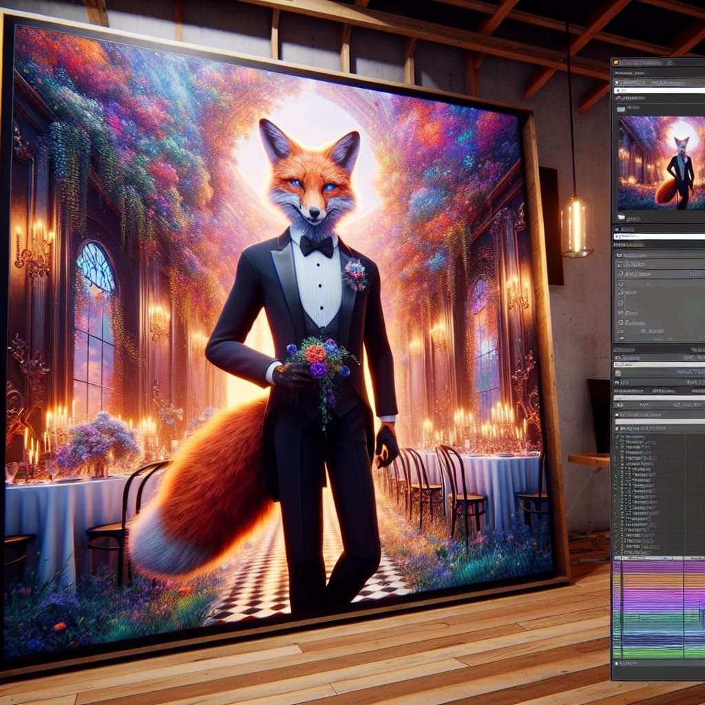 Anthropomorphic Fox in Tuxedo at Grand Dinner Party