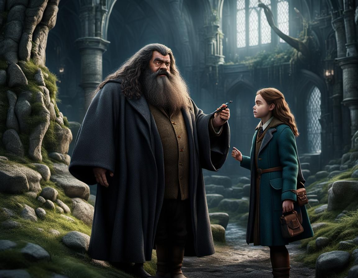hyper realistic, perfect, Hagrid talking to Hermione Granger