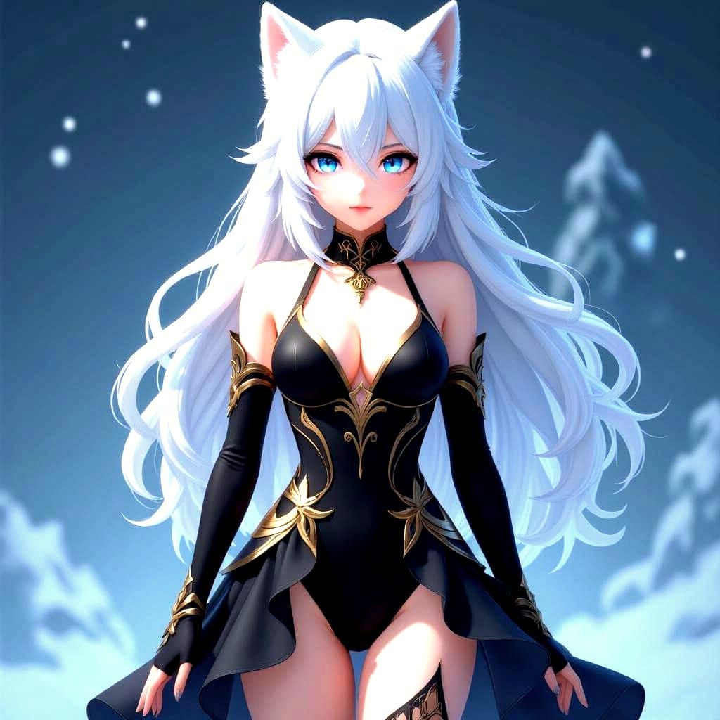 Anime Wolf Girl with Ice Eyes in Swimsuit