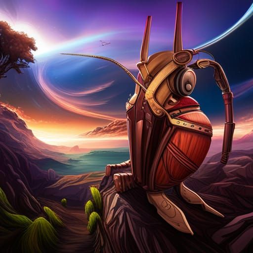 Cricket with Headphones Overlooking Colorful Landscape