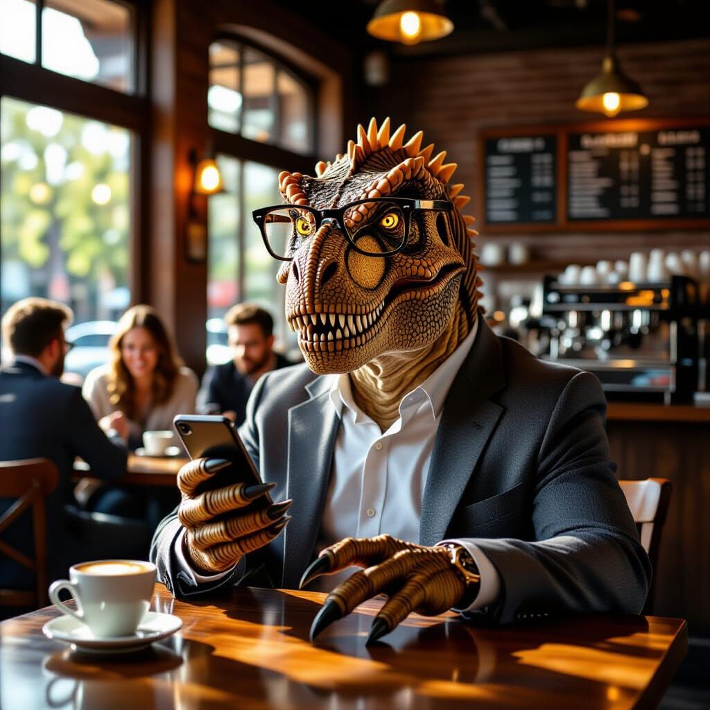 Business T-Rex at Coffee Shop, Photorealistic Style