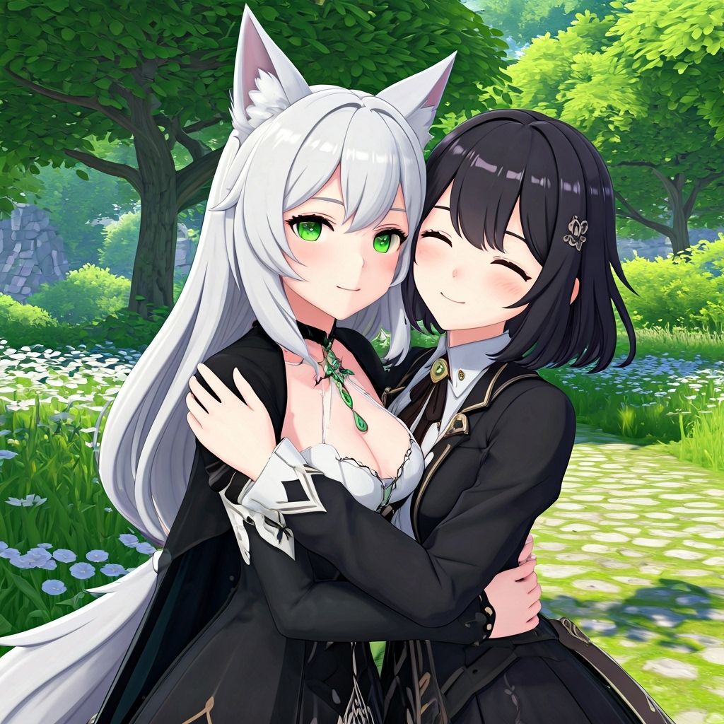 Two Women Embrace in Park: 3D Anime Art
