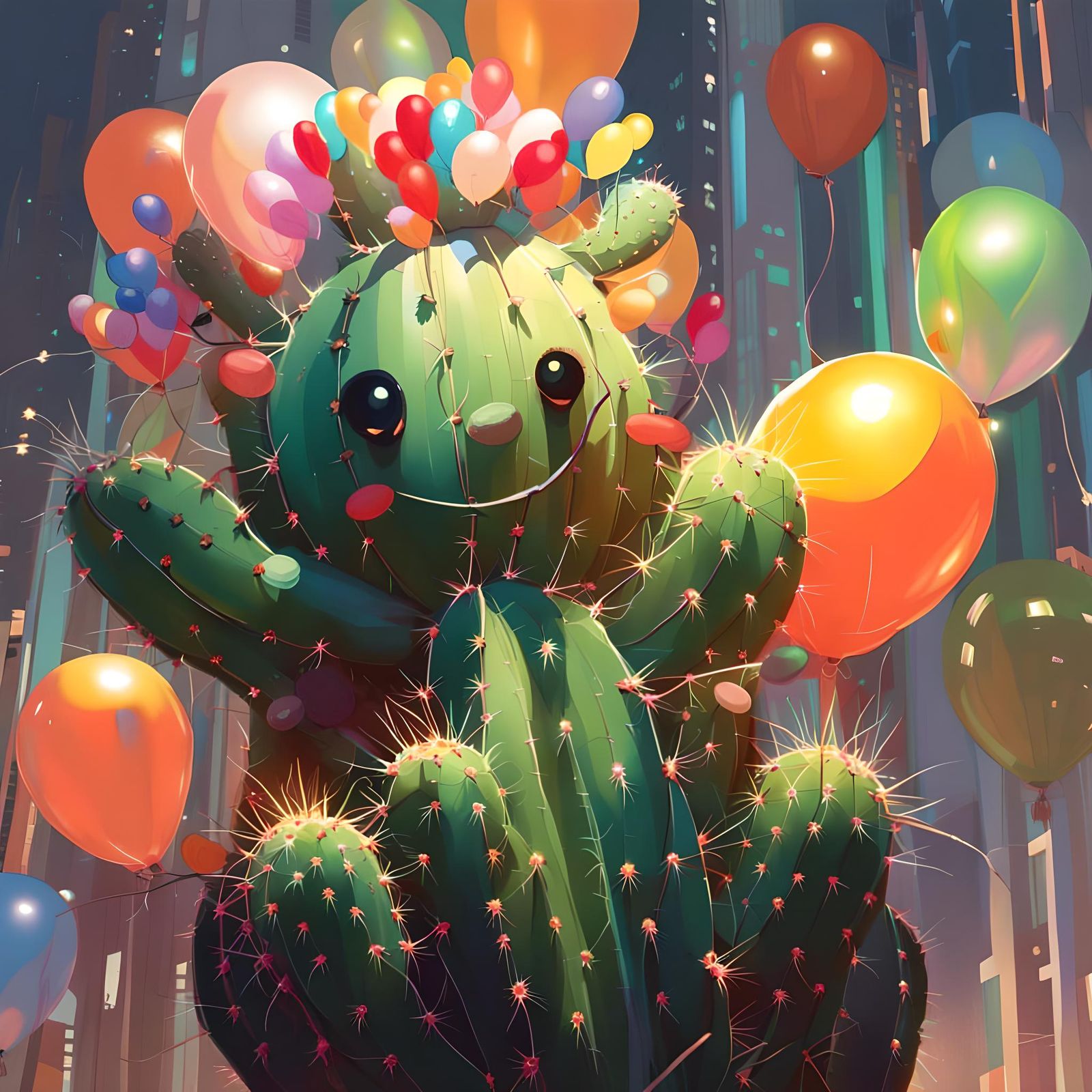 Detailed Cactus with Balloons in Digital Art Style