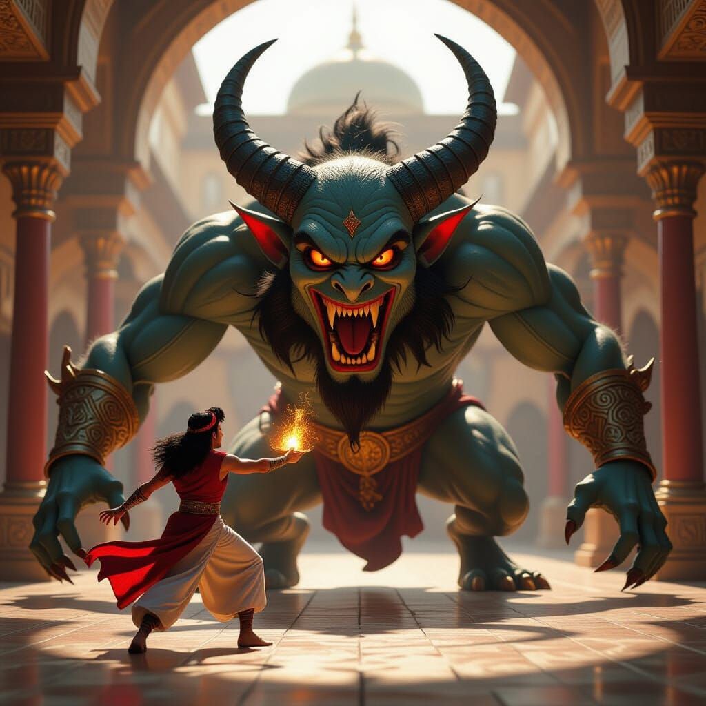 Aladdin Battles Horned Monster in Sultan's Palace