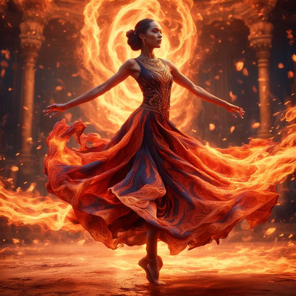 Graceful Dancer Amidst Swirling Flames: Fantasy Art