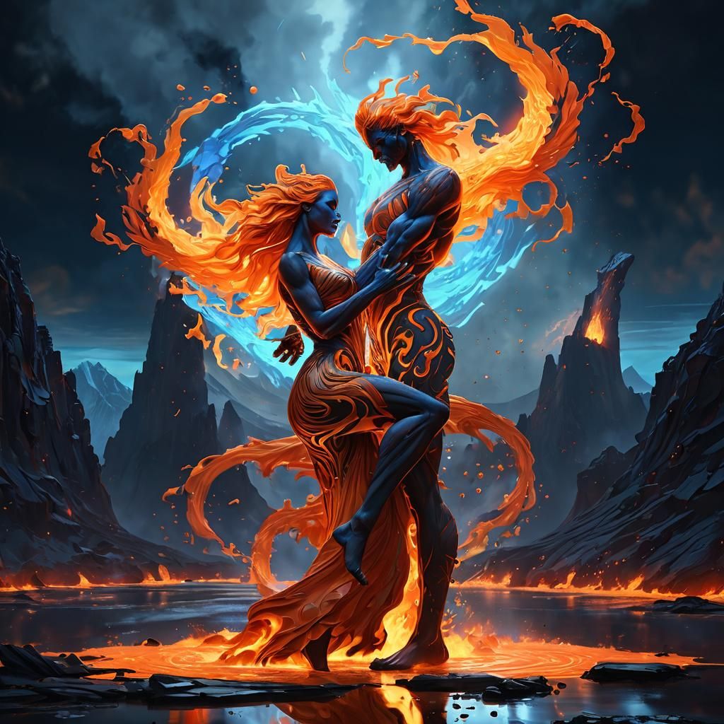 Fire Elementals Waltz in Volcanic Landscape