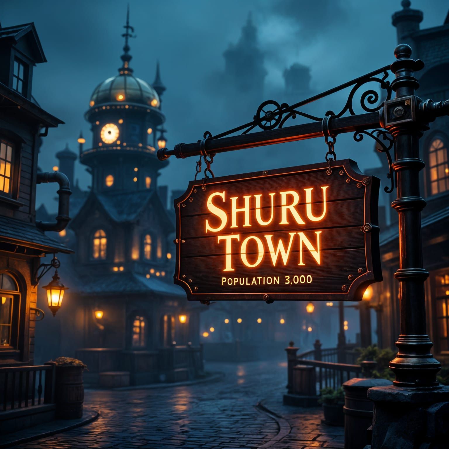 Steampunk Town at Night with Glowing Sign
