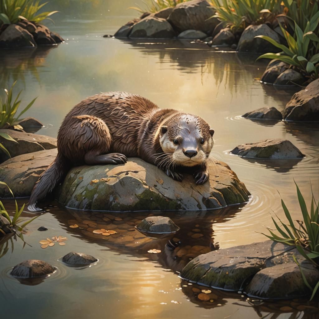 Cute Otter on a Rock in Naive Art Style