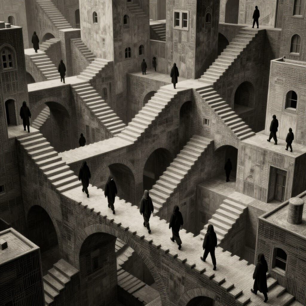 Gravity-Defying Cityscape in Escher Style