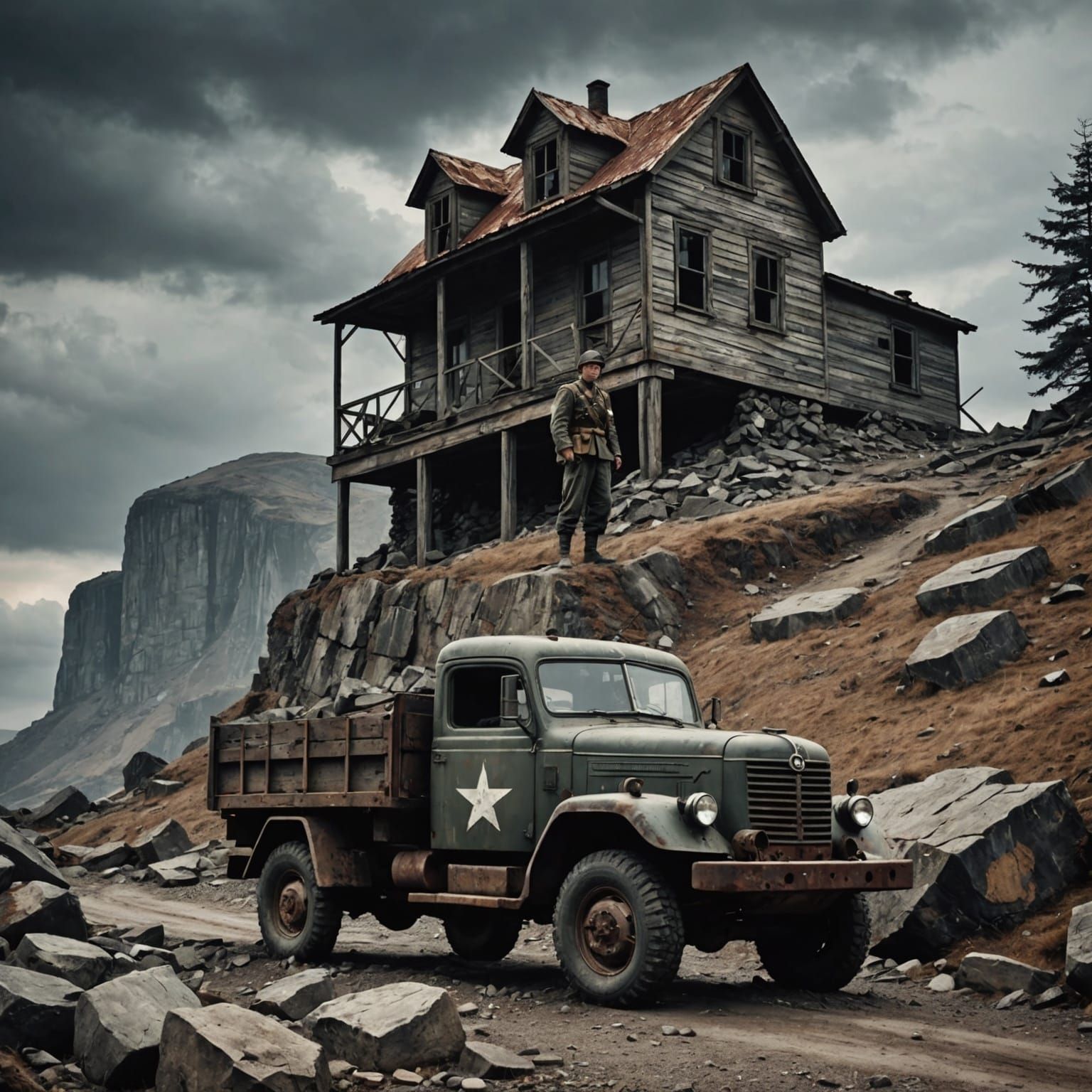 Stylized World War II artwork. Medium shot. A German soldier...