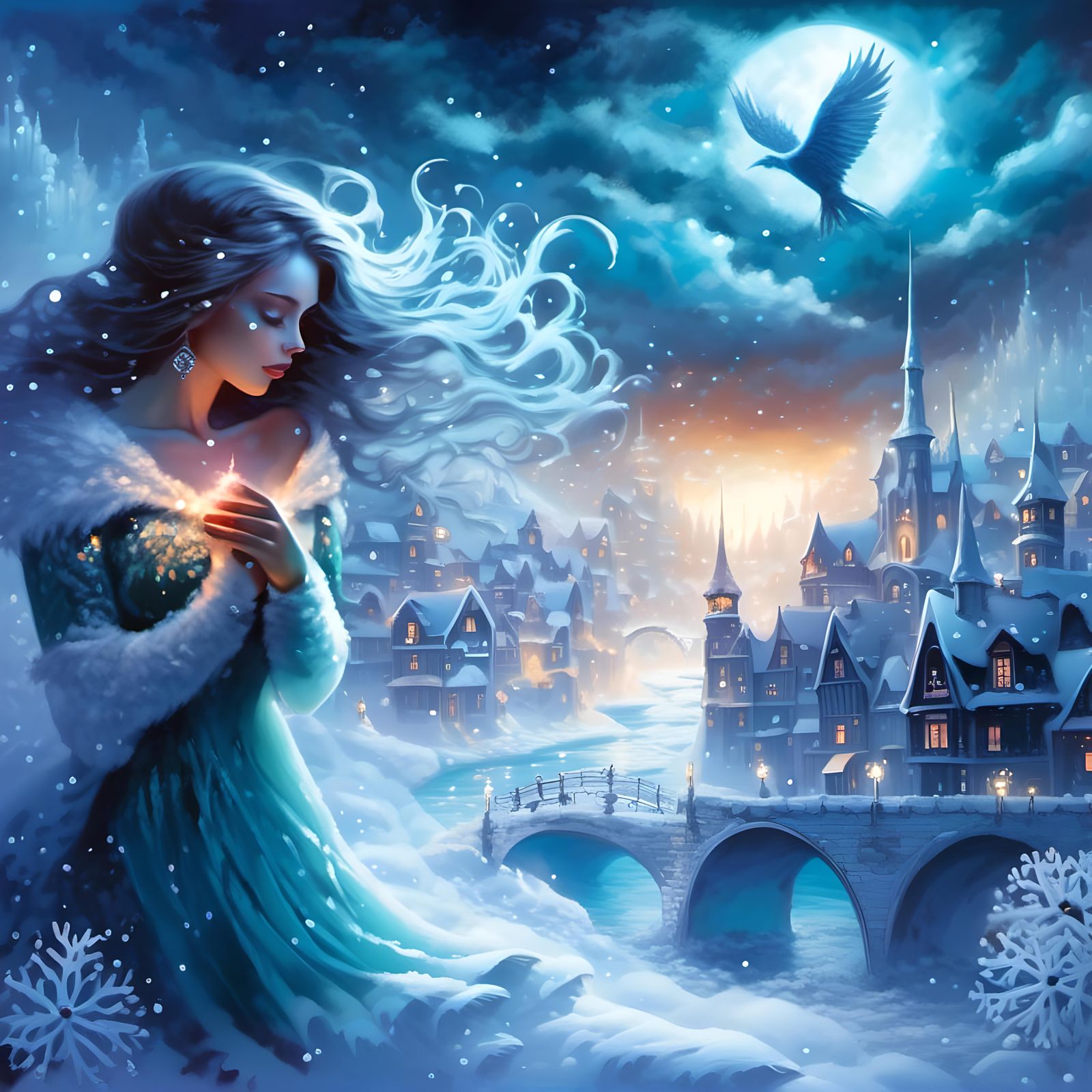 Snow Siren in Winter Dawn with Golden Outlines