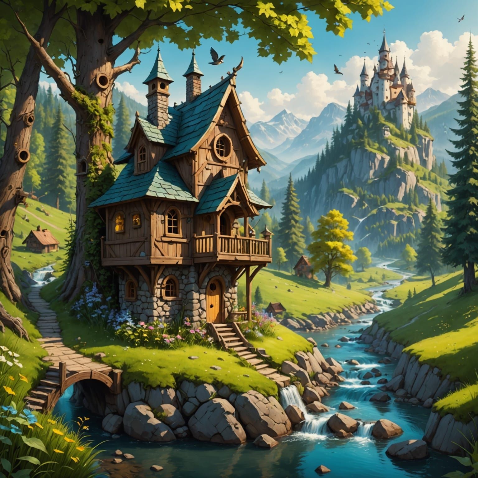 Birdfolk Village and Castle in Forest Valley