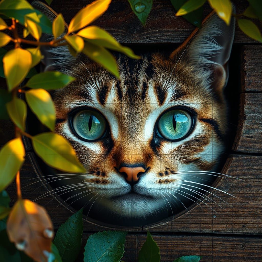 Vibrant Eyes of a Feline Beauty in Mosaic Photorealism