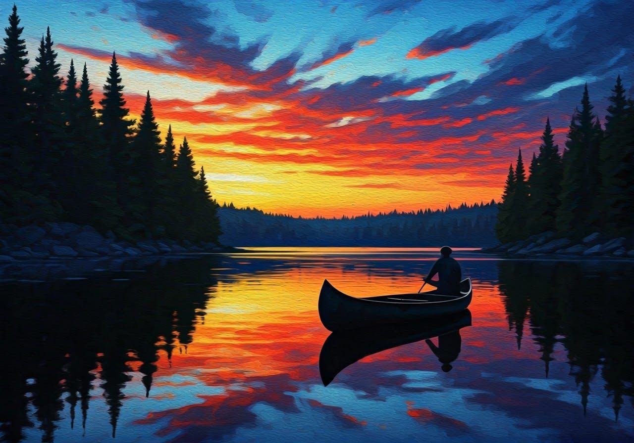 Surreal Sunset Lake Scene in Expressive Brushstrokes
