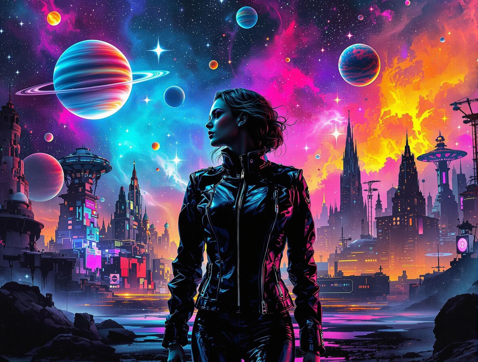 Woman in Neon Galaxy: Retro-Futuristic Sci-Fi Art