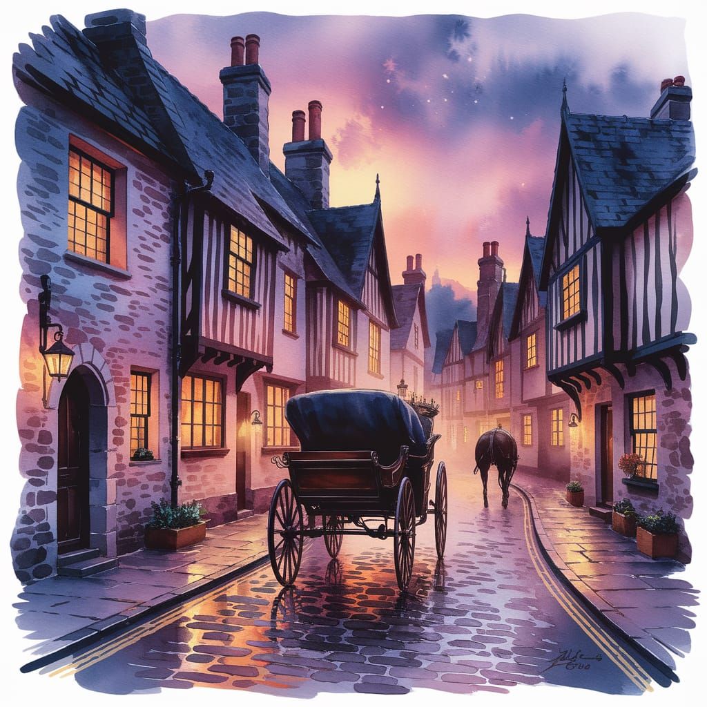 Cobblestone Street in Old England at Twilight