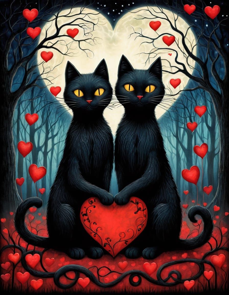 Spooky Valentine Scene With Black Cats