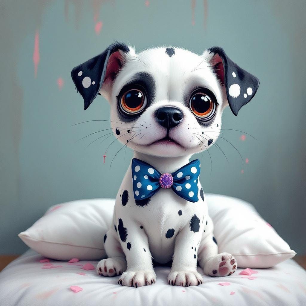 Stylized White Dog with Bow in Comic Art Style