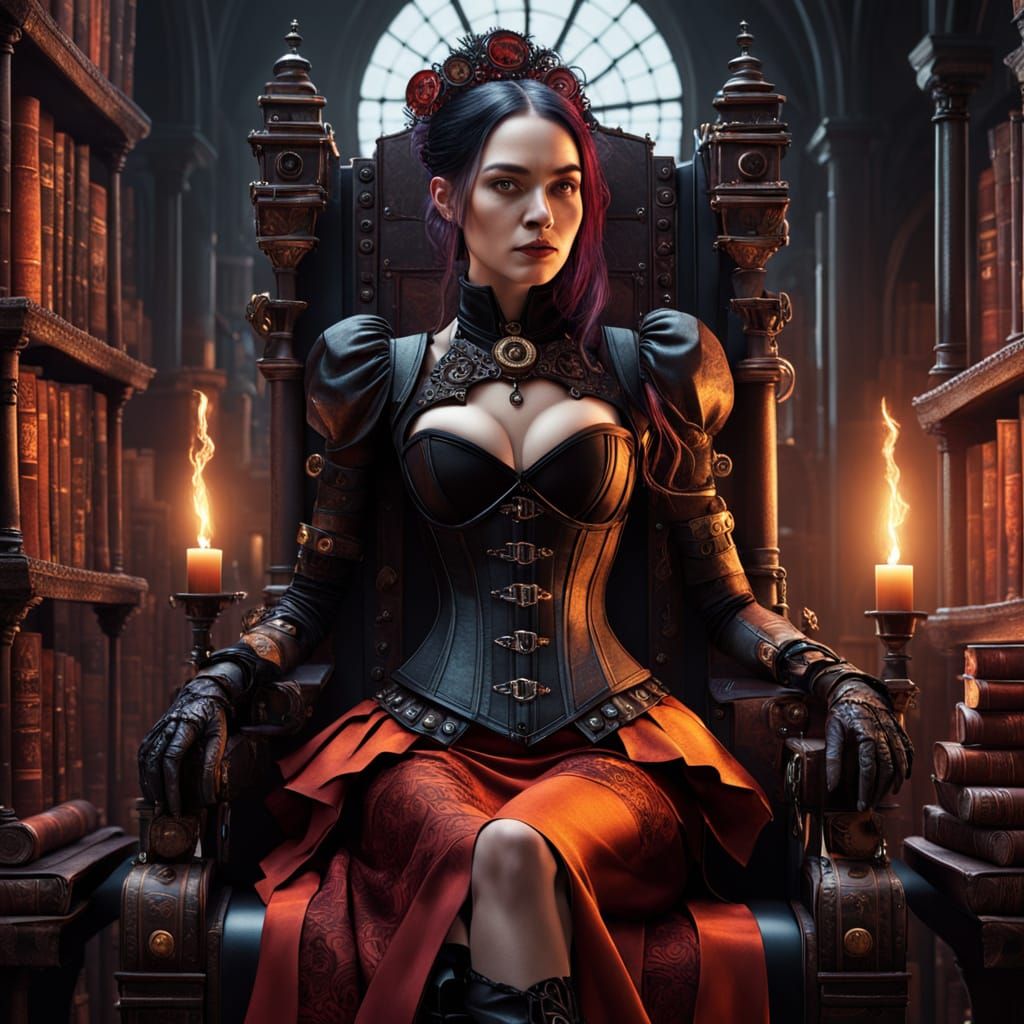 Gothic Woman on Steampunk Throne in Dark Fantasy Style