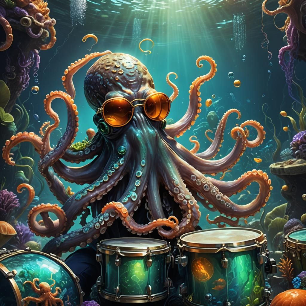 Octopus Drummer in Mystical Underwater Realm
