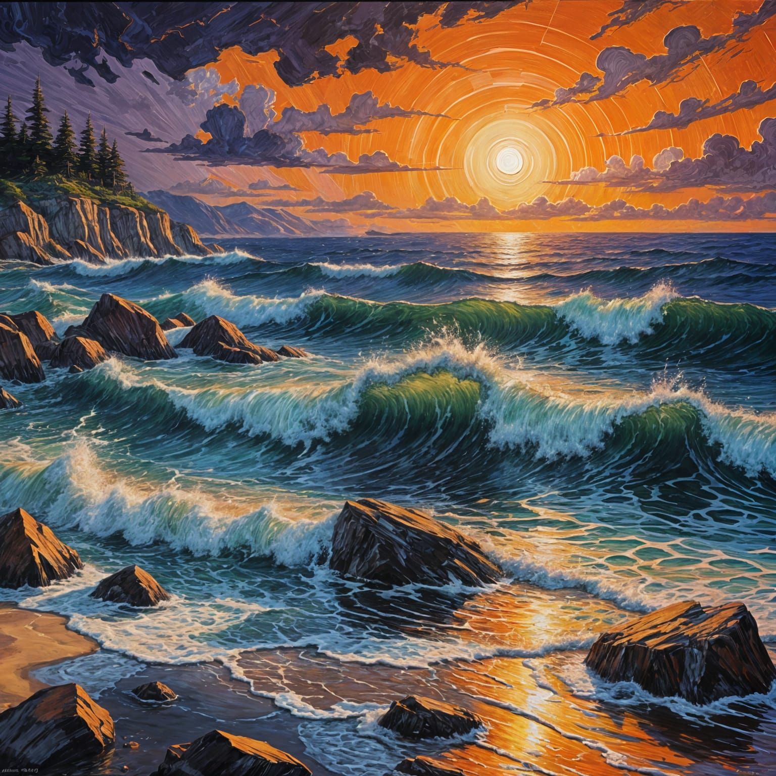 Vibrant Sunset Seascape in Oils