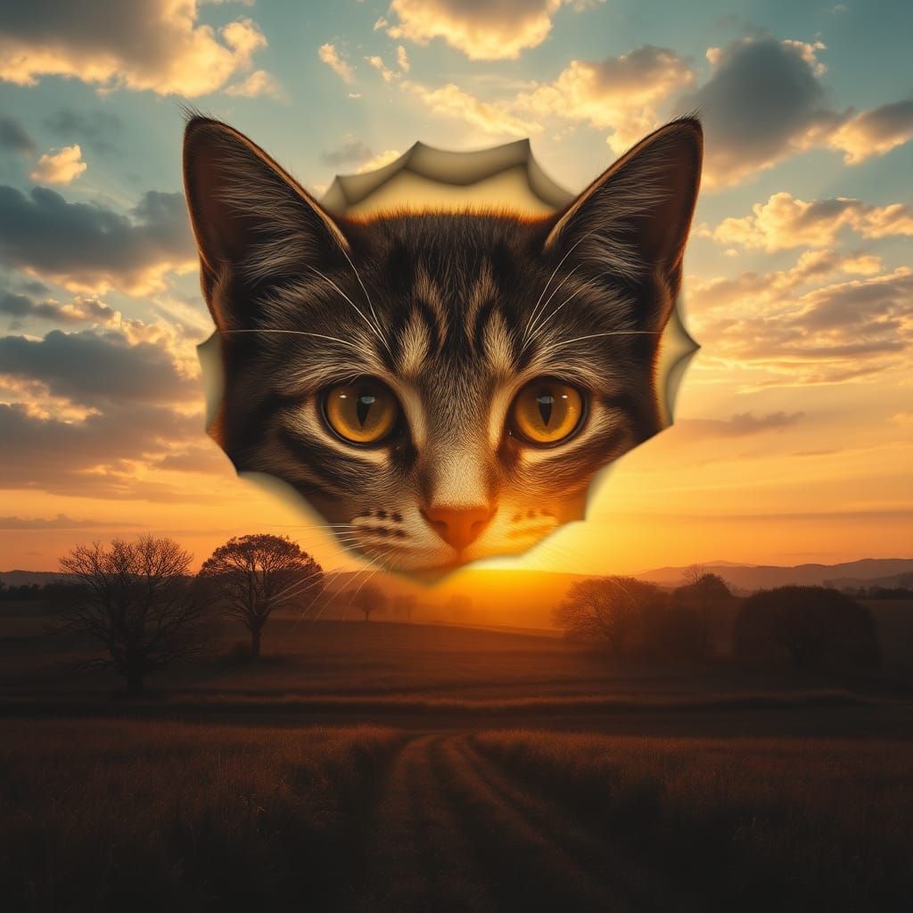Surreal Sunset Countryside with Cat Face