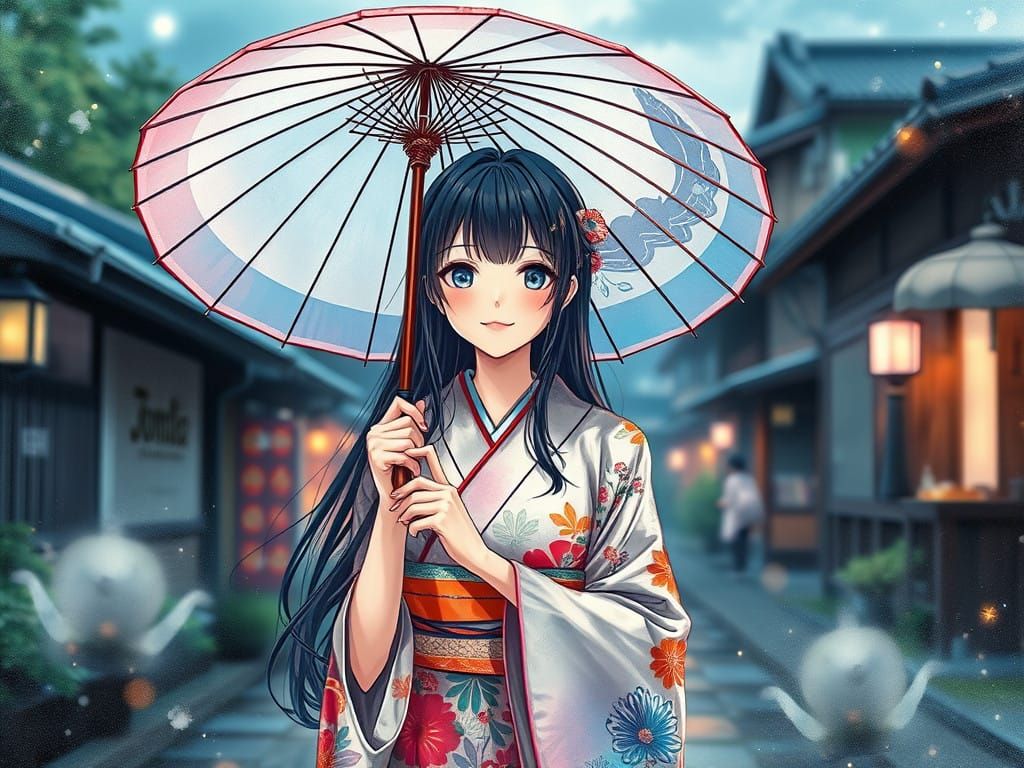 Ethereal Japanese Girl Walks Under Umbrella in Anime-Inspire...