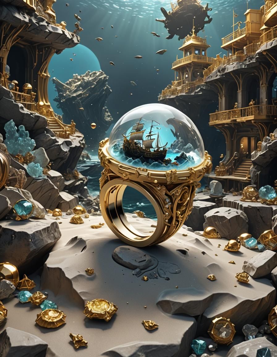 Stormy Seas in Glass Dome Ring, Sci-Fi Rendering