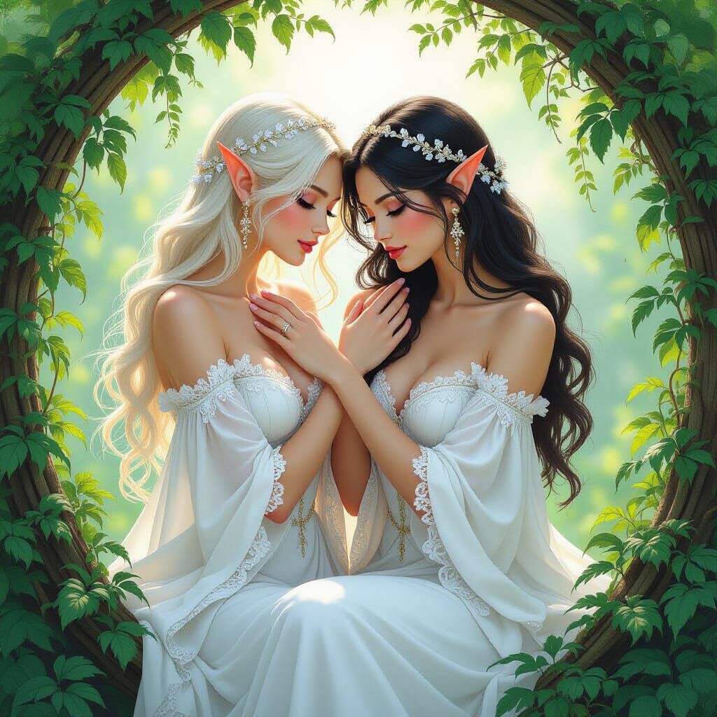 Elegant Elf Women Embrace in Dreamlike Fantasy Art