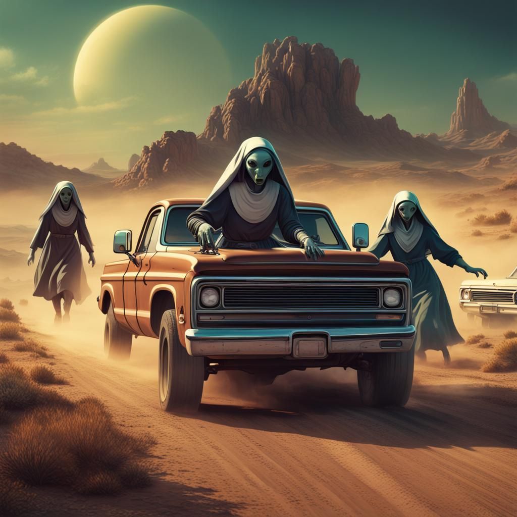 Alien Nuns Chase in 70s Fantasy Illustration