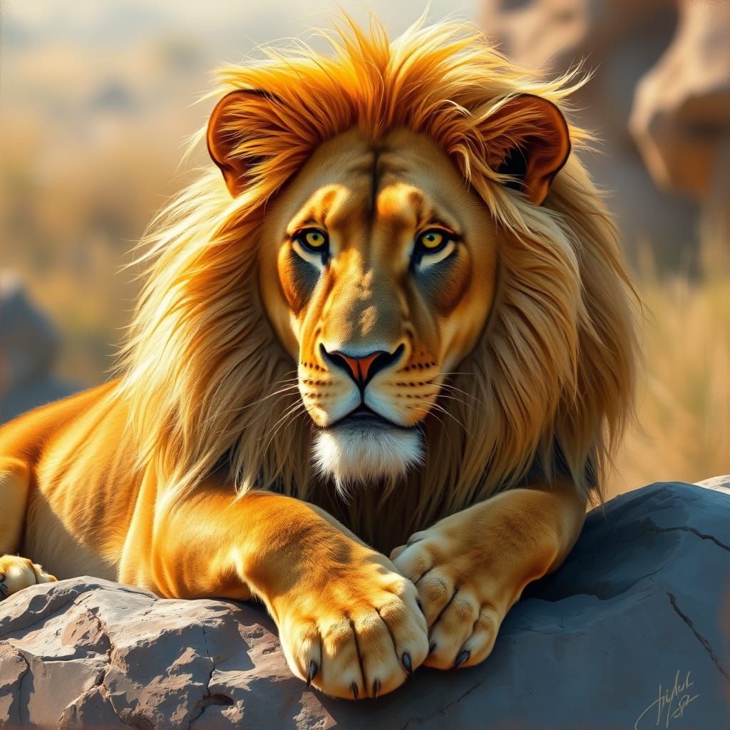 Regal Lion Surveying His Kingdom in a Golden Savannah Light