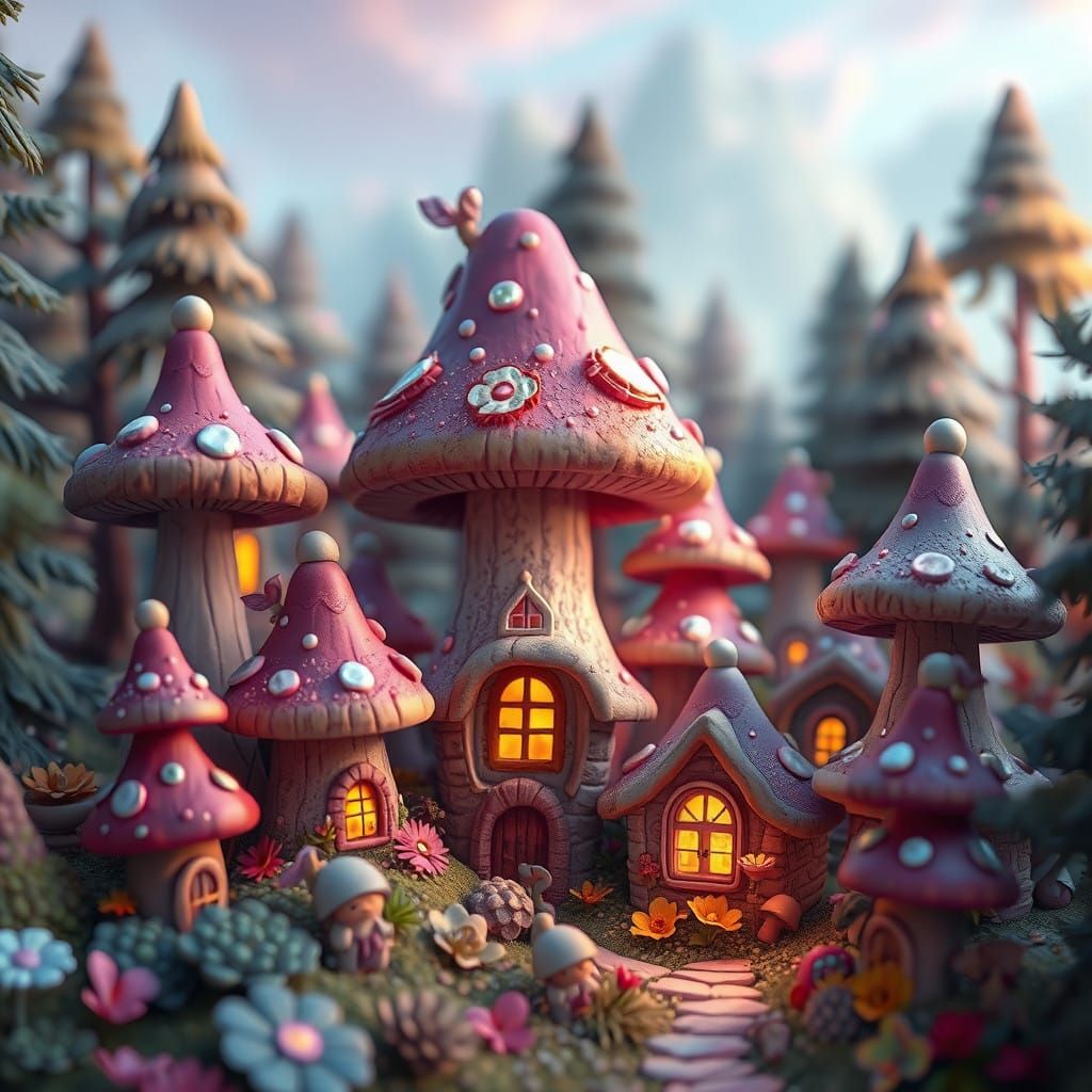 Whimsical Mushroom Village in Vibrant Forest