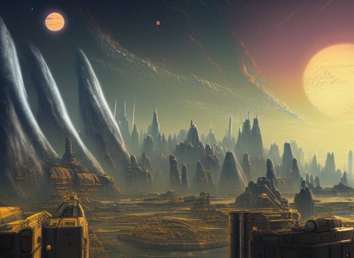 Exoplanet Dwarf City with Spaceships, in Hyperrealism