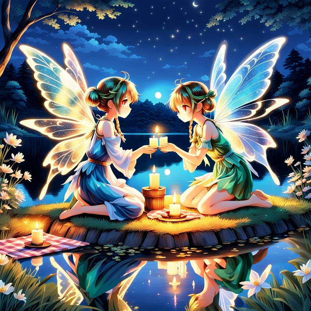 Romantic Anime Fairies Sharing Candlelight by Lake