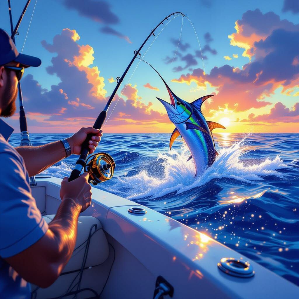 Angler Reels in Blue Marlin from Deep-Sea Boat