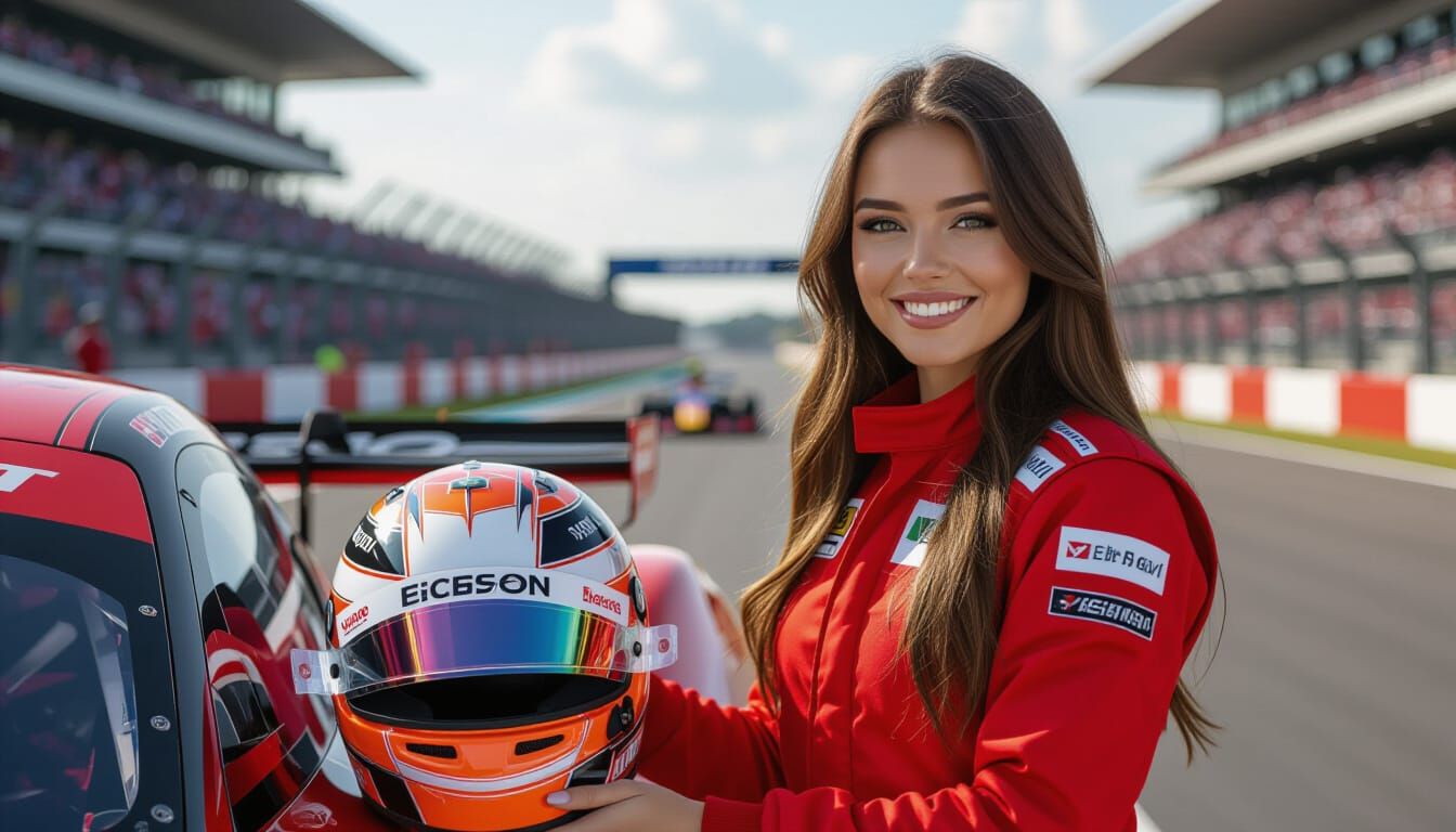 Russian Racer Girl in Red Uniform Beside Car