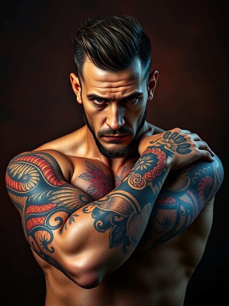 Hyper-Realistic Portrait of a Tattooed Man in Deep, Rich Bac...