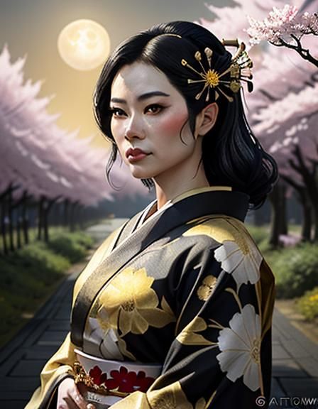 Geisha Portrait Under Sakura Tree with Golden Glow