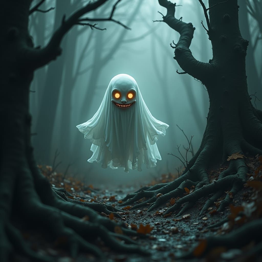 Mischievous Ghost Haunts a Dark Mystical Forest