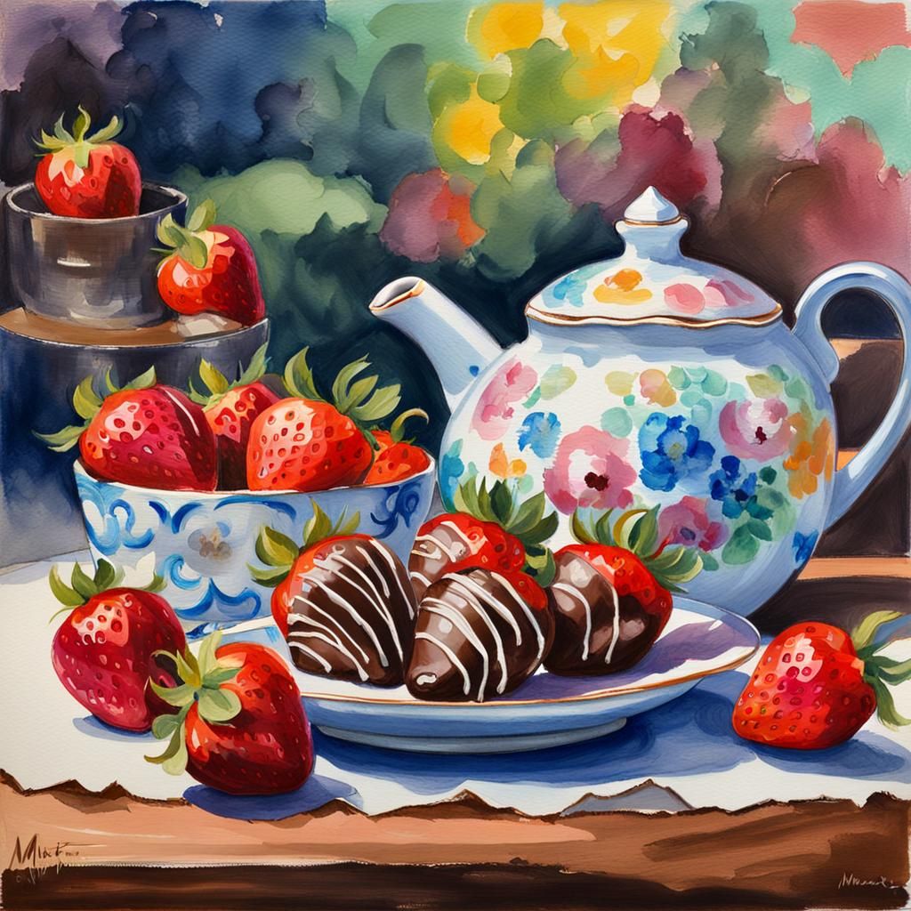 Chocolate Dipped Strawberries in Gouache Watercolor Style