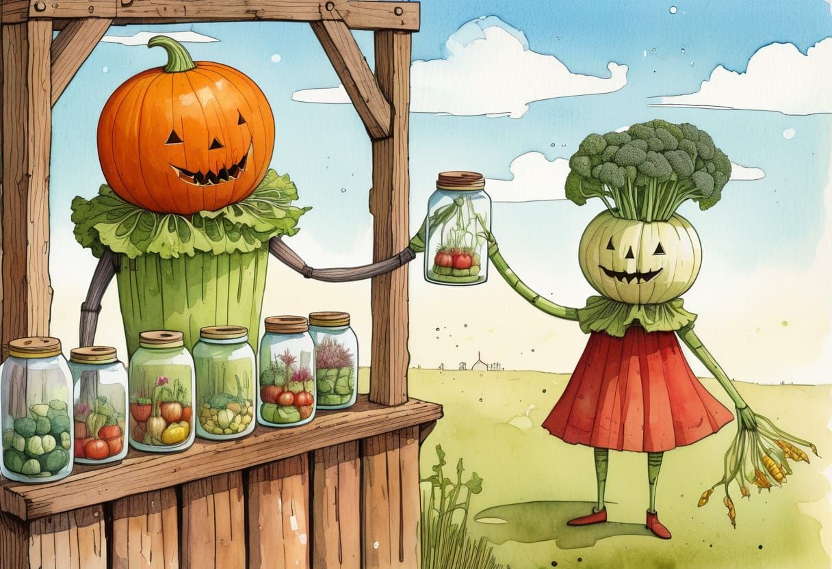 Whimsical Vegetable People Selling Tiny People in Jars