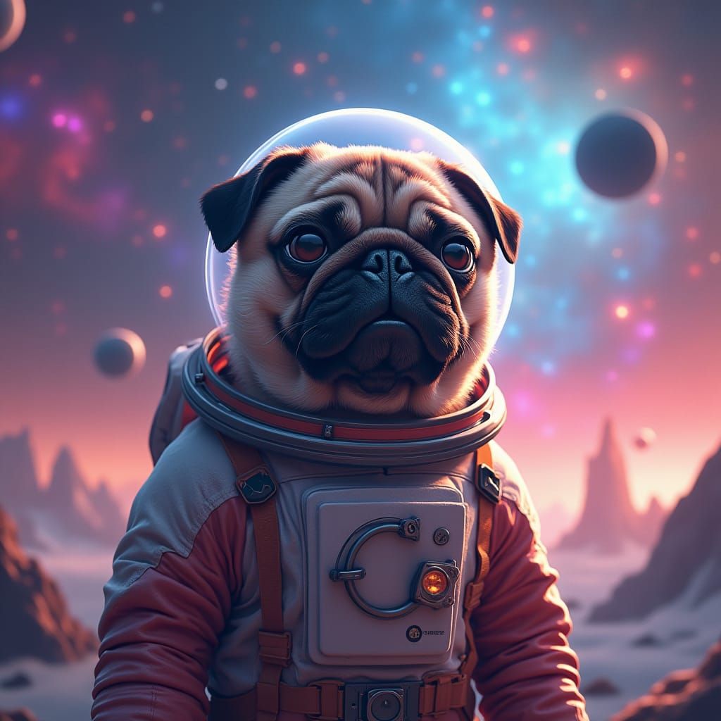 Pug in Spacesuit Among the Stars