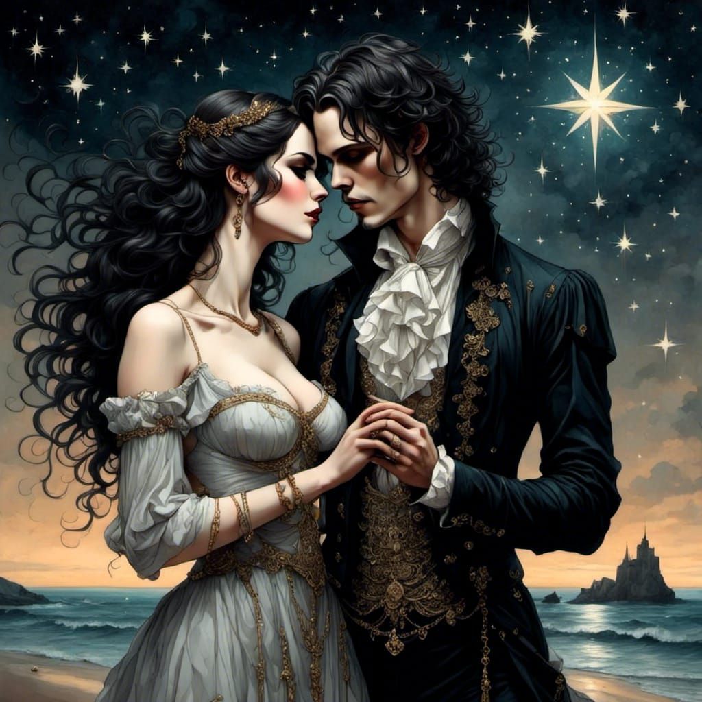 Couple Gazing at Glittery Stars on Twilight Beach