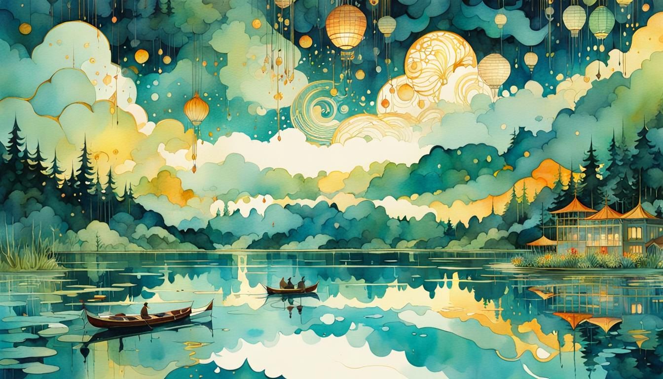 Shimmering Summer Lake Watercolor Painting