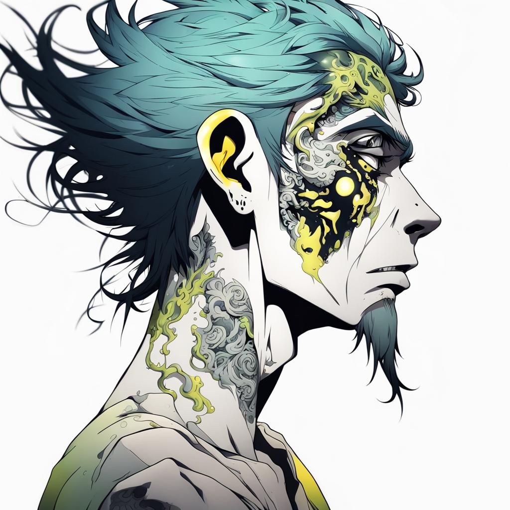 Anime Horror Man with Tattoos and Luminous Car