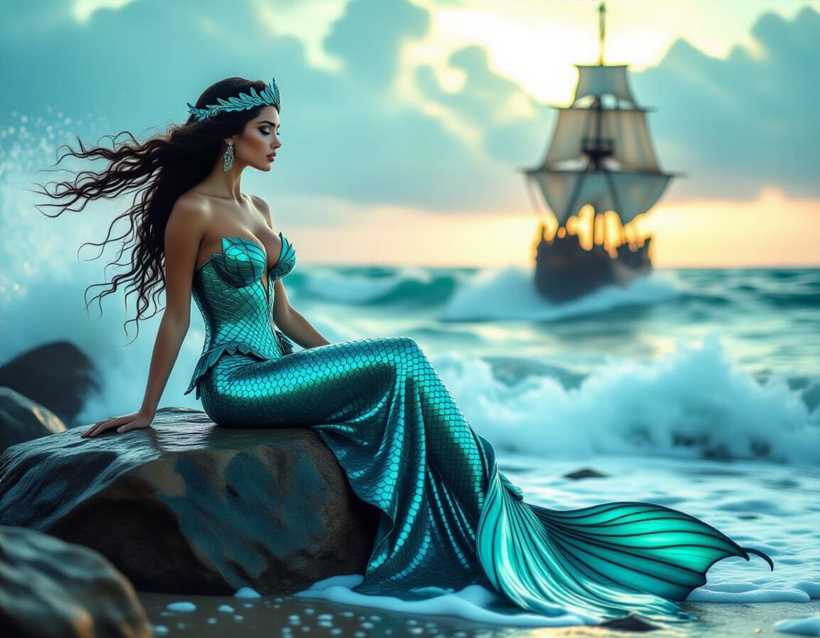 Mermaid on Stormy Shore in Hyperrealistic Style