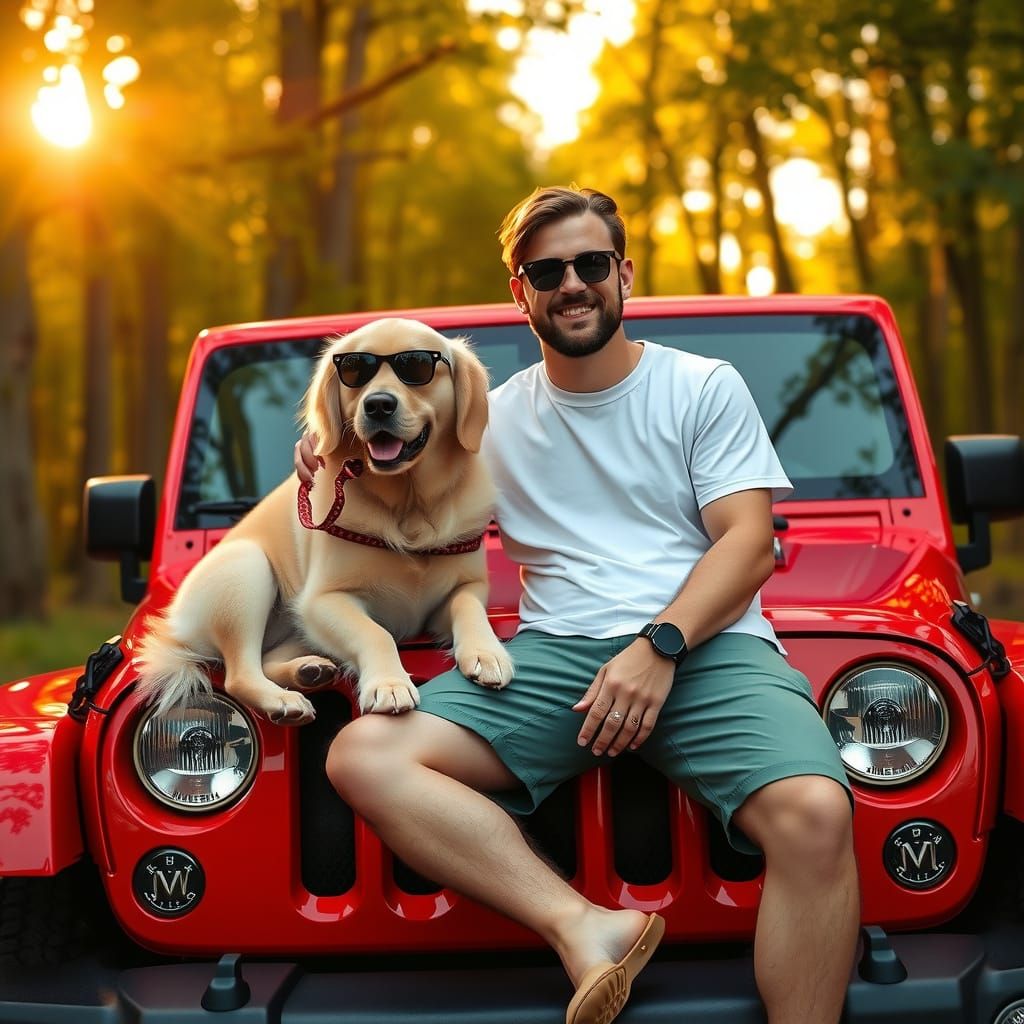 Man and Dog Enjoy Sunset in Lush Wisconsin Forest