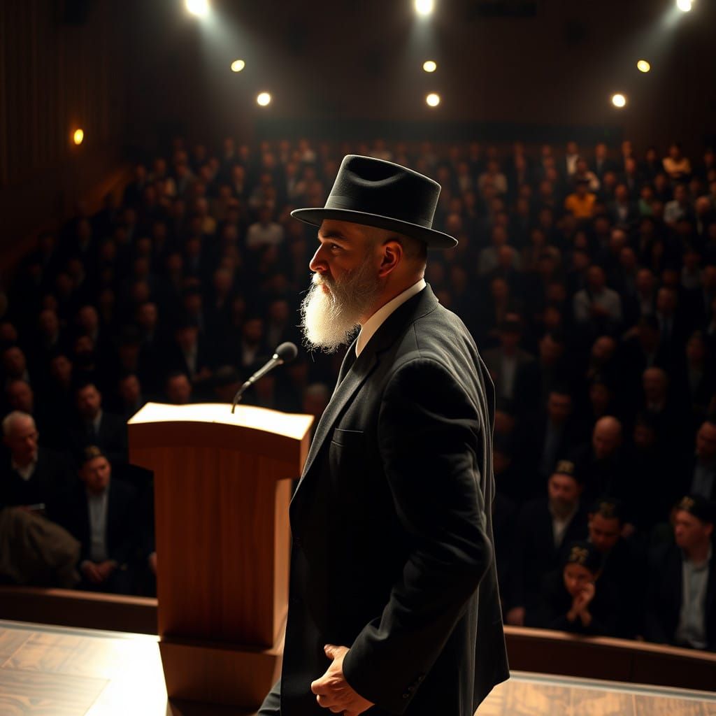 Ultra-Orthodox Man Walks Towards the Podium in Dimly Lit Sta...