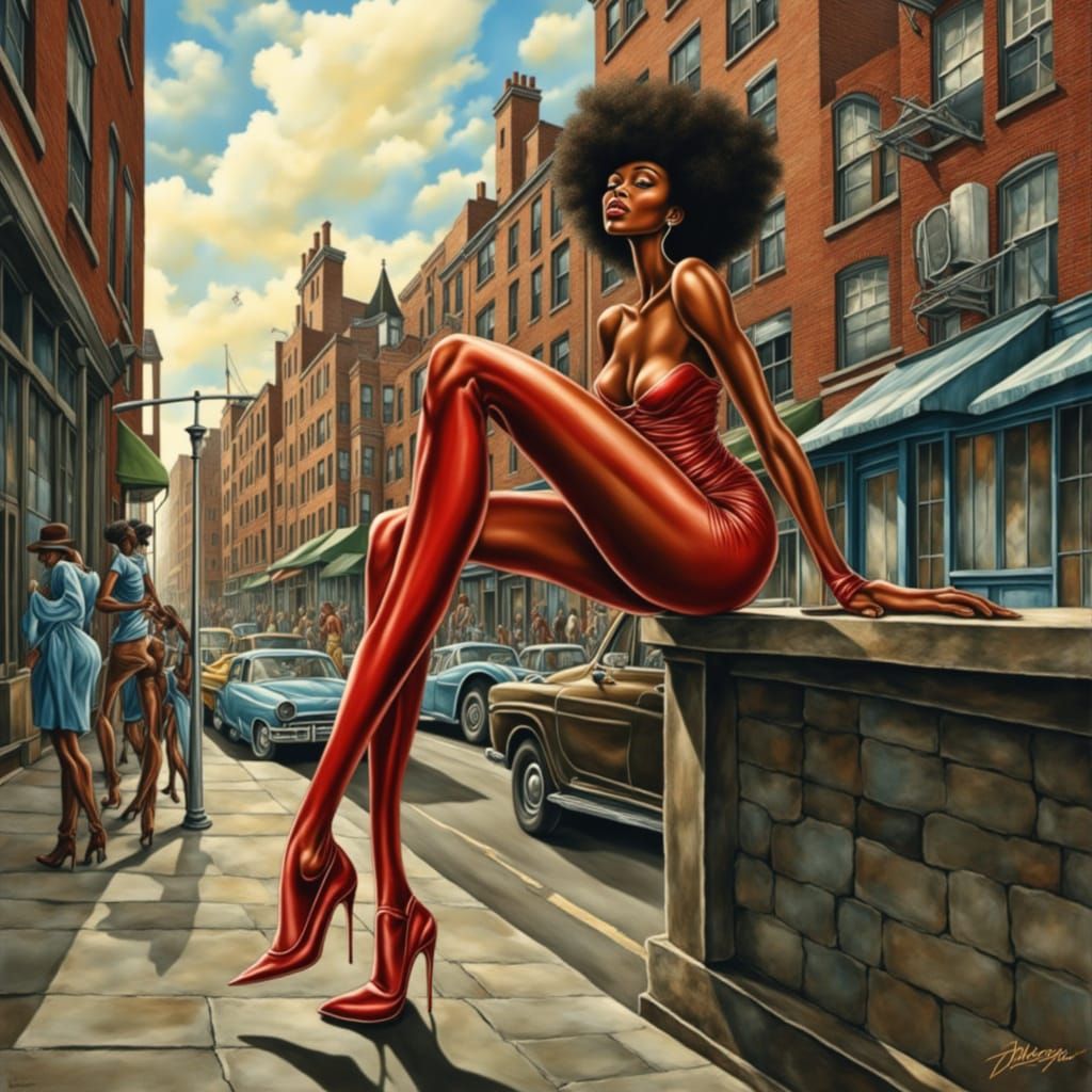 Elegant Black Woman in Red Boots on Street Ledge