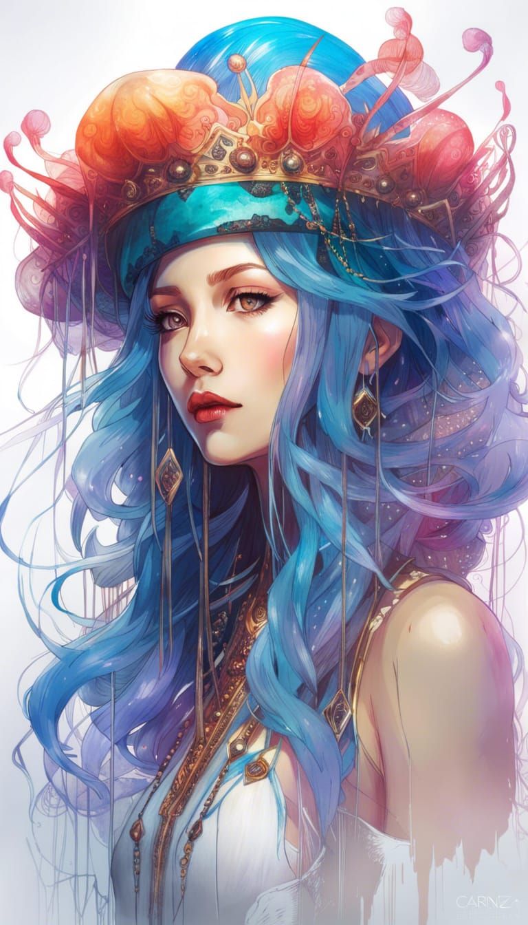 Jellyfish Priestess in Anime Sketch Style